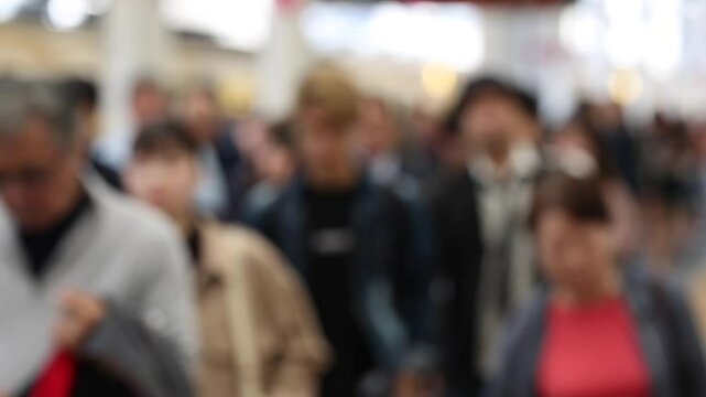 Blurry Metro Train Station Platform in Tokyo. Underground Metro Train Station During Rush Hour. People Leaving Station and Walking on Platform.
