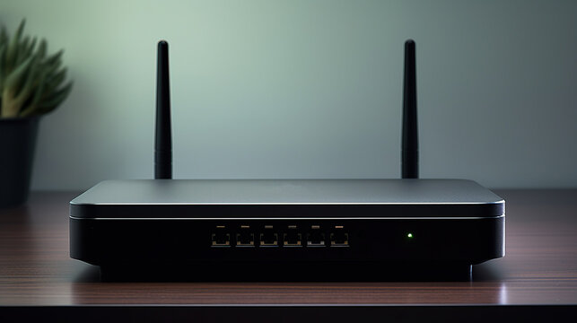 a 5g router on top of a table. Modern Wi-Fi router indoors.
