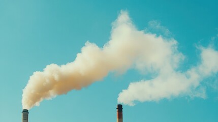 Detailed view of power plant chimneys emitting thick smoke into the sky, with a clear blue backdrop, symbolizing industrial energy output. No people.