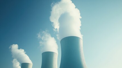 Detailed view of smoke billowing from chimneys at a modern power plant under a cloudless blue sky, representing industrial activity. No people.