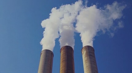 Detailed view of smoke-emitting chimneys at a power plant, with a blue sky background, representing energy and industrial output. No people.