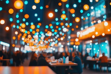 A vibrant street scene at night, featuring bokeh lights in blue and orange hues above bustling outdoor dining spaces, creating a lively urban ambiance.