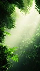 Obraz premium Lush green foliage illuminated by soft sunlight in a tranquil tropical jungle setting.