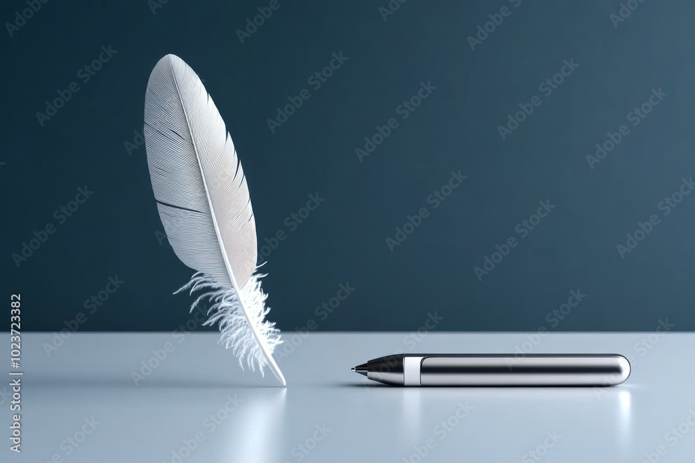 Poster A minimalist design showing a single feather quill pen next to a sleek, modern stylus on a clean surface