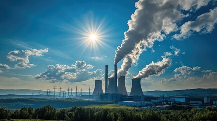 Industrial chimneys at a power plant emitting thick white smoke under a blue sky, showcasing energy and industry. No people.
