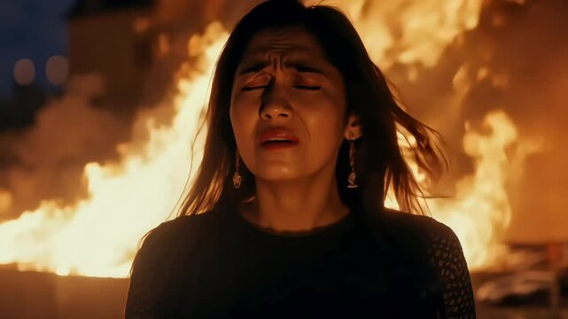 Emotional woman standing in front of a fire, her face filled with anguish