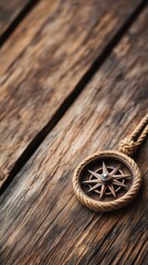 Vintage compass pendant on rustic wooden surface, perfect for travel and adventure themes.