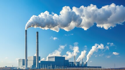 Industrial power plant chimneys releasing emissions into the atmosphere under a bright blue sky, representing energy and environmental impact. No people.