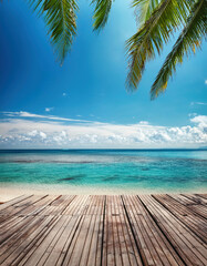 Obraz premium Tropical sandy beach background with palm tree branches and empty wooden floor for product display or design