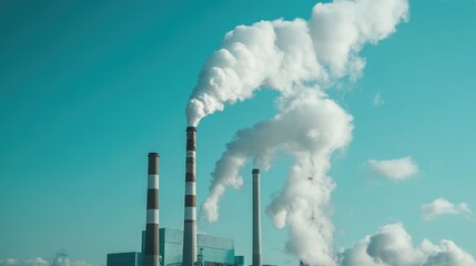 Industrial power plant with multiple chimneys emitting smoke under a blue sky, representing energy and industrial output. No people.