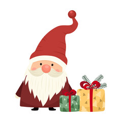Christmas illustration of cheerful Santa gnome with holiday gifts on white background. Cute vector gnome in Christmas holiday joy concept. For cartoon characters of Christmas stories, comics, postcard