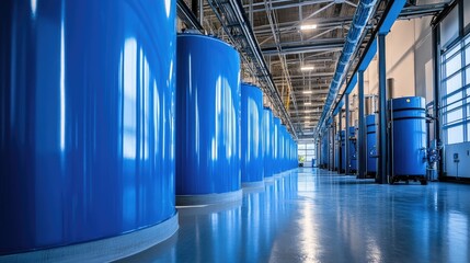 Obraz premium Modern industrial blue tanks in a cutting-edge facility, emphasizing the latest advancements in technology. No people.