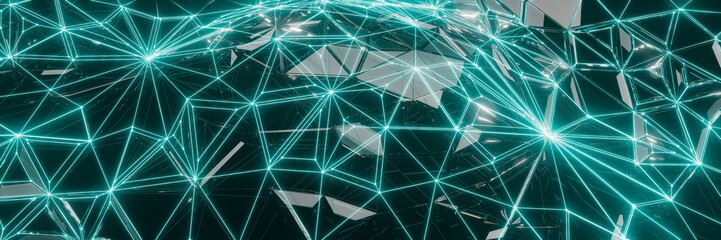 Complex 3D network connections with glowing nodes