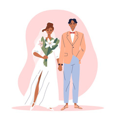 Happy wedding couple. Man in suit and woman in white dress with bouquet. Bride and groom, husband and wife. Engagement, Marriage ceremony. Flat vector illustration isolated on white background