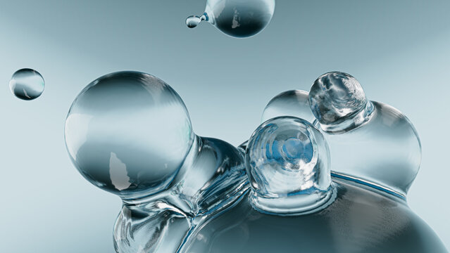 Tranquil 3D water bubbles in serene blue environment