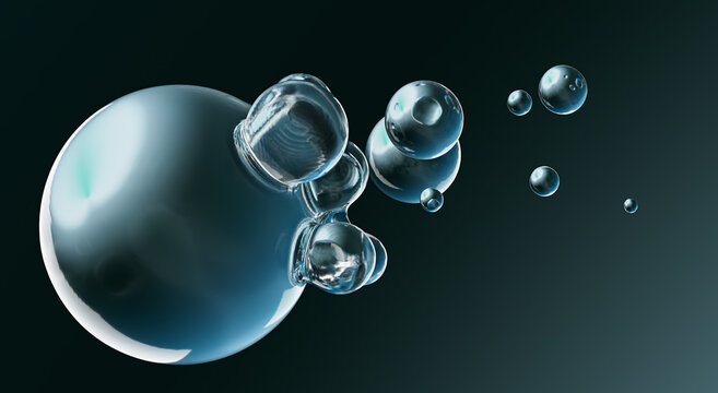 Surreal 3D illustration of water bubbles in various sizes