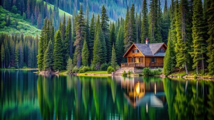 Fototapeta premium Cozy mountain cabin surrounded by pine trees overlooking a serene lake, mountain house, cabin, mountains, nature