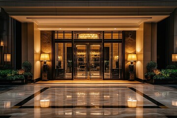 modern brown and beige hotel entrance exterior design with elegant lamps and luxury marble floor 