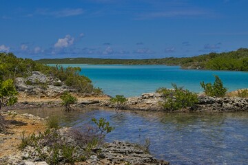 Fototapeta premium Looking over the shallow, turquoise waters of Chalk Sound in Turks and Caicos
