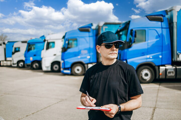 Professional truck driver with hat and sunglasses confidently standing in front of big and modern...