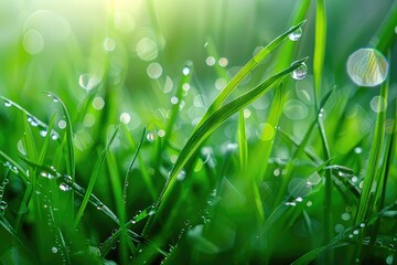 Fototapeta premium Morning dew on green grass in nature beauty and purity.