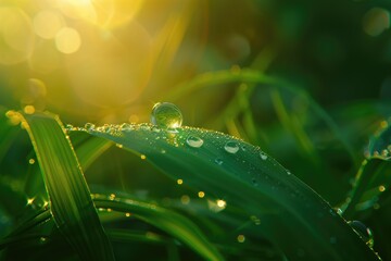 Beautiful large transparent drop of water dew on grass close up.Natural background.