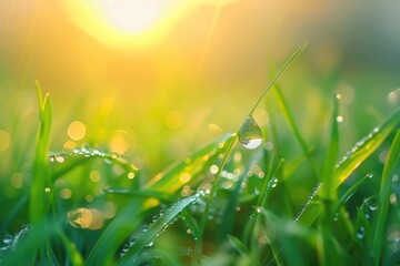 Fototapeta premium Beautiful large transparent drop of water dew on grass close up.Natural background.