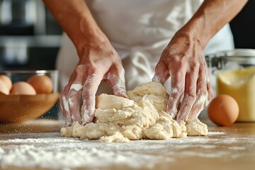 Fototapeta premium Close-up of Hands Kneading Dough on a Floured Countertop, With Ingredients Like Eggs and Butter Visible in the Background