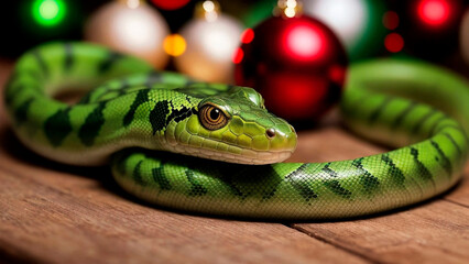 Fototapeta premium Green snake symbol of New Year 2025 with a patterned skin on a Christmas background