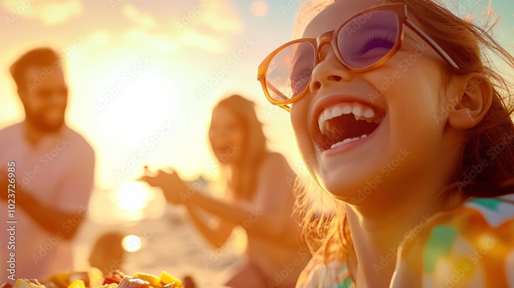 Wall mural joyful family beach bbq: summer holiday celebration at sunset