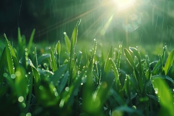 Naklejka premium Macro close up of water droplets on young wheat shoots.