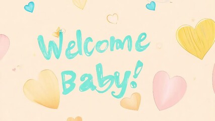 Cute “Welcome Baby” text surrounded by pastel hearts on a soft background, perfect for a baby celebration.