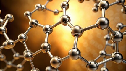 rendering of a silver molecular structure on a warm golden background, science, molecular, structure,rendering, silver, spheres