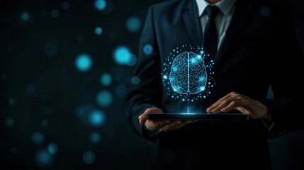 Digital Brain Concept - Artificial Intelligence, Businessman Holding a Tablet