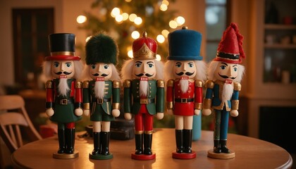 Nutcracker figures in festive mood decorating a cozy home with bokeh background