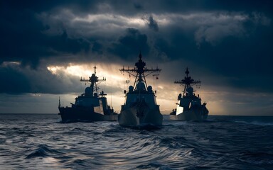 Stormy Seascape with Naval Trinity Three Warships Under Dramatic Skies