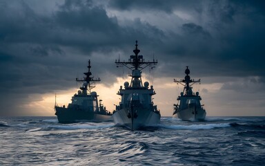 Stormy Seascape with Naval Trinity Three Warships Under Dramatic Skies