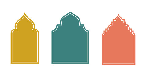 Islamic architecture windows set. Green, yellow and orange arabic mosque windows. Oriental architecture. Elements of decor. Flat vector collection isolated on black background