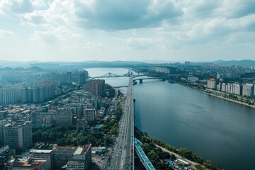 Obraz premium Aerial Perspective of an Urban Metropolis and a Spanning Bridge