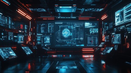 Futuristic Sci-Fi Control Room with Glowing Holographic Displays