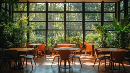 Fototapeta premium Modern office space filled with natural light and greenery creating a vibrant working atmosphere