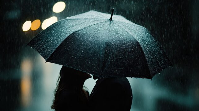 A silhouetted couple shares a romantic kiss beneath an umbrella during a rainy night in the city, capturing themes of love, intimacy, and timeless romance. - Powered by Adobe
