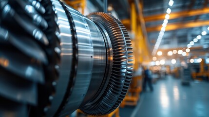 A close-up visualization of an intricate and shimmering metallic turbine setup within a vast industrial space, highlighting its technological and functional aspects.