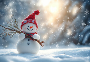 Fototapeta premium Merry christmas and happy new year greeting card with copy-space.Happy snowman standing in christmas landscape.Snow background.Winter fairytale.