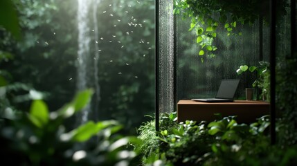 A peaceful workspace is nestled within lush, vibrant greenery with a waterfall in the distance, seamlessly integrating work and nature for inspiration and serenity.