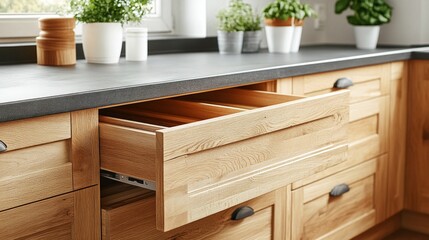 Close-up of a custom furniture drawer showcasing smooth sliding rails and soft-close feature in a well-lit kitchen setting