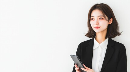 Young Businesswoman Looking Away While Holding Smartphone in White Studio