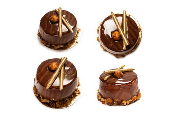 Chocolate and caramel cake isolated on a white background.