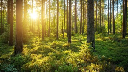 Sunlight shining through a forest of tall pine trees with green undergrowth.