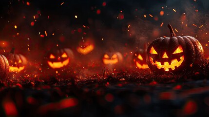 Halloween Background Eerie Halloween pumpkins glowing in the dark with spooky expressions.